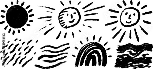 Collection of sun and rainbow doodles. Simple black and white vector illustration with playful shapes, minimal design set.