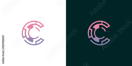 Futuristic letter C logo icon with a modern maze-like circuit pattern. Abstract initial monogram design with a vibrant pink and purple gradient for a technology or digital brand