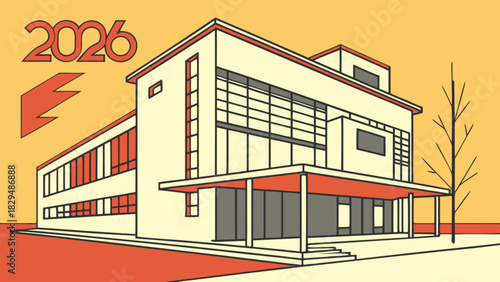 Illustration of a modern building with flat roof and large windows with the year 2026 and an arrow