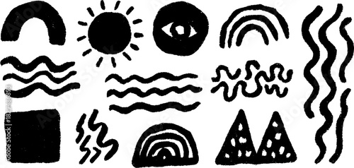 Graphic abstract vector illustration featuring unique shapes and textures. Simple monochrome design elements include waves and triangles in a set.