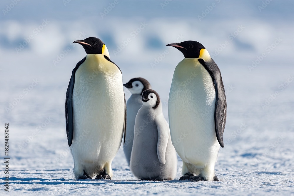 Fototapeta premium Penguin family of two adults and two chicks standing on an icy, snowy plain