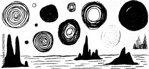 Space illustration with abstract circles and islands. Simple black and white vector art features textured patterns in a serene landscape set.