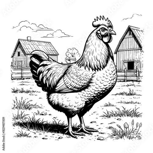 A chicken in the grass, trees and a hut, a simple linear drawing, a sketch. Vector illustration. Poultry on the farm, highlighted on a white background.21