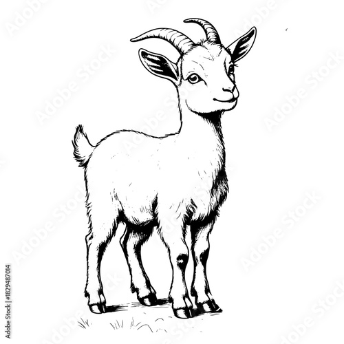 A goat with long horns is a simple linear drawing, sketch. Vector illustration. Farm pet, isolated on a white background. Grass and bushes13