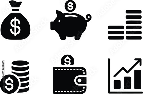 A collection of distinct financial icons symbolizing economic prosperity and diligent money management strategies