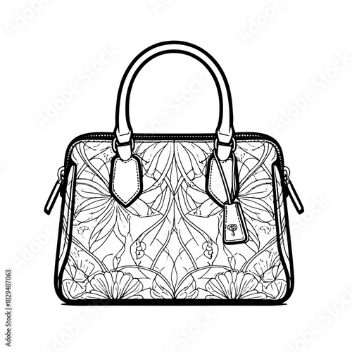 Women's bag, black and white sketch. Vector illustration. Elegant ladies' valise, isolated on a white background.23