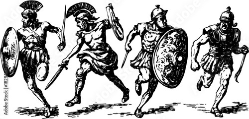 Warrior soldiers in battle from ancient history depicted in a monochrome vector illustration, showcasing movement and strength as a cohesive set.