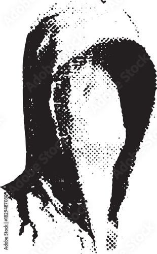 Hoodie silhouette with a blank face. Minimal vector illustration in black and white, emphasizing mystery and style.