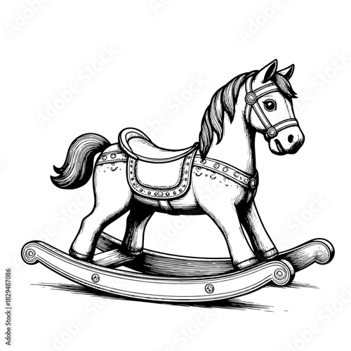 Rocking horse, black and white sketch. Vector illustration. A child's toy with a saddle, isolated on a white background.46