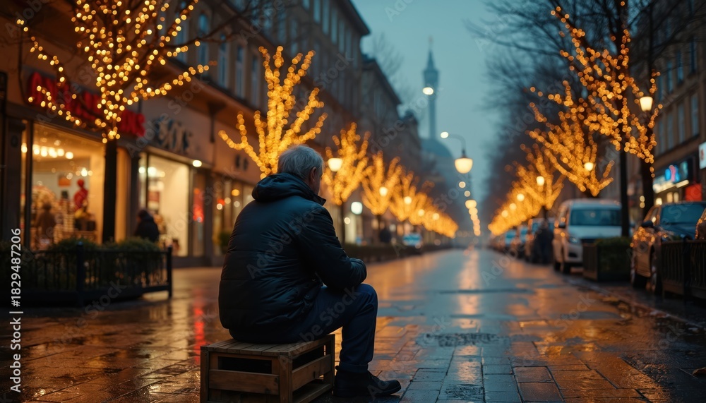 Fototapeta premium Elderly man sits alone on street bench in city against bright holiday lights. He looks sad and cold amid festive decorations, symbolizing loneliness during Christmas and social issues.