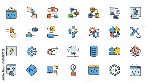 Collection of colorful icons representing software development and data management.