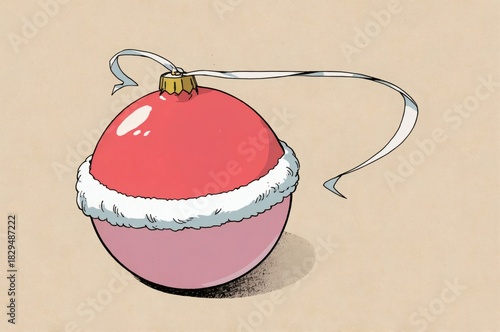 Minimal Christmas still life with pink ornament and ribbon  