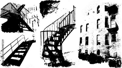 Silhouette of staircases in a vintage vector illustration style. The drawing features a set of staircases outlined in black within an urban environment.