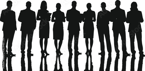 Silhouetted business team standing together on white background representing unity