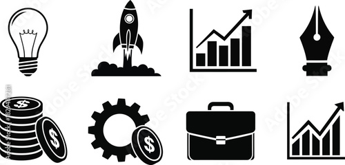 Business and finance icon set in black and white style
