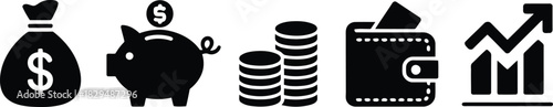 A collection of five black financial icons illustrating money saving, spending, and economic growth