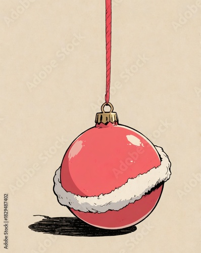 Red Christmas ornament with white fur detail hanging on beige background  