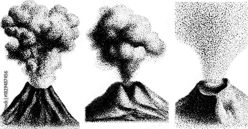 Volcano silhouette with smoke and ash. Black engraving illustration in a vintage style, featuring a dramatic landscape set in vector format.