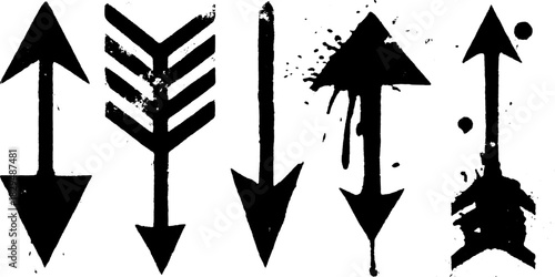 Set of black arrows in various styles highlighting upward and downward directions. Simple vector illustration with clean lines and modern design.