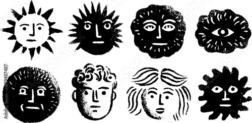 Silhouettes and drawings of various faces and symbols including sun and eye elements in black outline. Artistic vector illustration set.