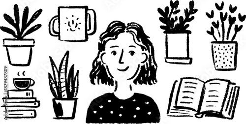 A girl surrounded by various indoor plants, books, and a cup. This cozy vector illustration features a modern indoor workspace with greenery.