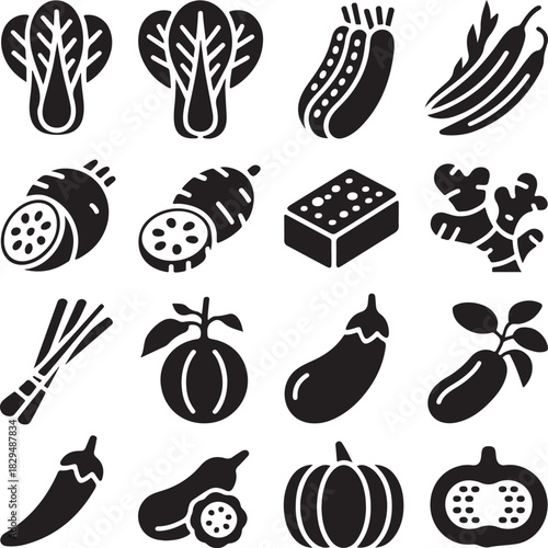 Diverse vegetable icons set in black and white vector illustration