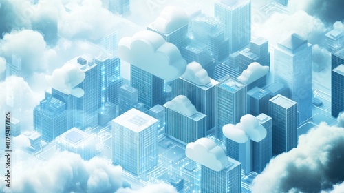 Aerial View of Urban Skyline with Clouds and High-Rise Buildings in a Digital Atmosphere Depicting Technology and Innovation Concepts