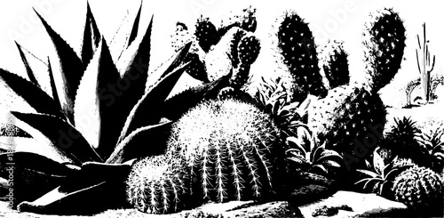 Cactus and succulent plants in black and white vector illustration. Botanical elements in a simple and isolated set.