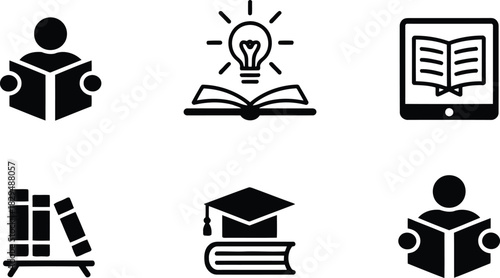 A collection of six black silhouette icons symbolizing education, reading, knowledge, and academic achievement