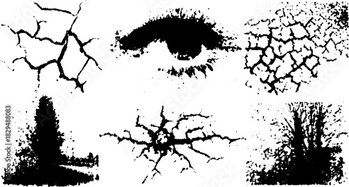 Engraving illustration featuring vintage line drawing elements. Abstract black and white textures in a creative set. Vector artwork for decorative use.