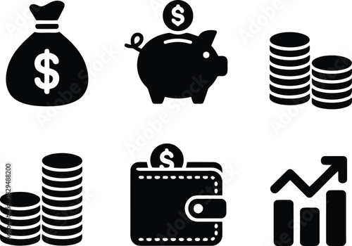 A collection of six black financial icons including a money bag, piggy bank, coins, and a growth chart