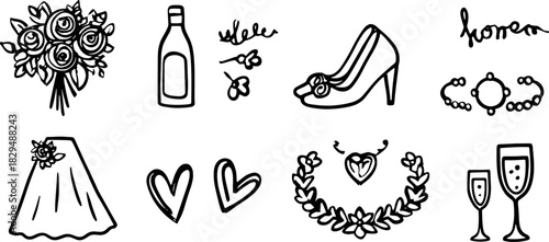 Wedding illustration set featuring hand-drawn items like bouquet, shoe, and glasses. Black outline drawing represents bridal accessories in vector style.