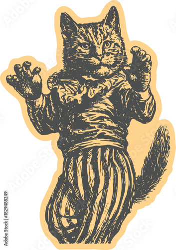 Cat dressed as a clown in vintage style. Creative vector illustration showcasing a whimsical character in a playful outfit set.