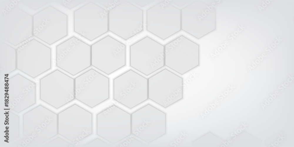 Naklejka premium White hexagons with random size on white backdrop. A place for text on the left. Abstract 3d render illustration geometrical concept background. 3D Illustration