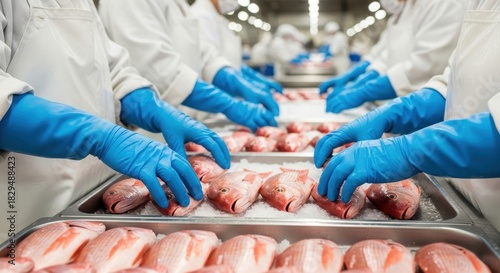 Workers in blue gloves handling fresh fish in a processing factory