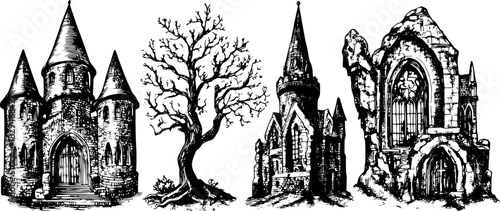 Gothic castle and tree in monochrome vector illustration. Detailed artwork featuring old buildings and ruins set against a scenic backdrop.