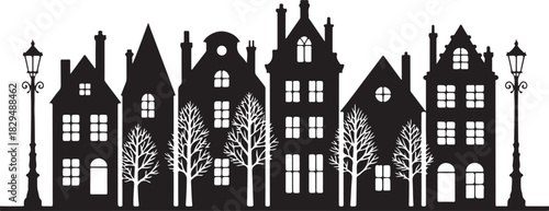 Laser cut Amsterdam style houses. Silhouette of row typical dutch canal houses at Netherlands. Stylized facade of old buildings. Wood carving, paper cut vector template. Background for banner, card