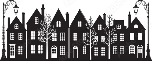 Laser cut Amsterdam style houses. Silhouette of row typical dutch canal houses at Netherlands. Stylized facade of old buildings. Wood carving, paper cut vector template. Background for banner, card