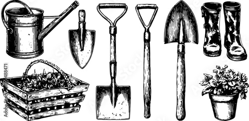 Gardening tools set including a watering can, shovel, spade, boots, and basket with plants. Vintage vector illustration in black.