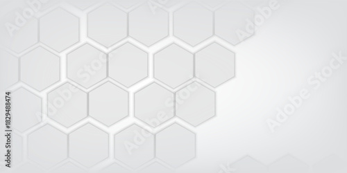White hexagons with random size on white backdrop. A place for text on the left. Abstract 3d render illustration geometrical concept background. 3D Illustration
