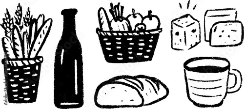 Hand-drawn food items in a set: basket of vegetables, bread, milk, and a cup. Simple black and white vector illustration.