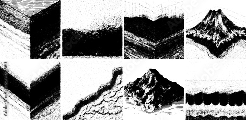 Vintage engraving set of landscapes in black outline style. Various mountain and terrain patterns created in a stipple vector illustration.