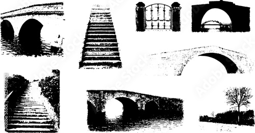 Bridge and stairs in black and white style. Vector illustration set featuring iconic architectural elements and natural scenery.