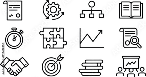 A collection of twelve black line icons representing various business strategies and operational processes