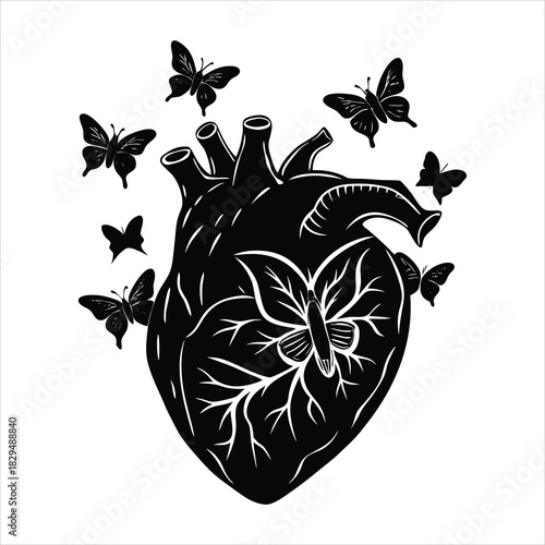 Anatomical heart with butterflies flying out