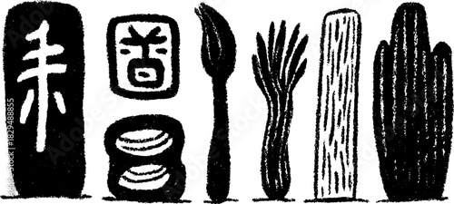 Simple food vector illustration featuring a plate, fork, spoon, and various vegetables. Modern art set for culinary themes.