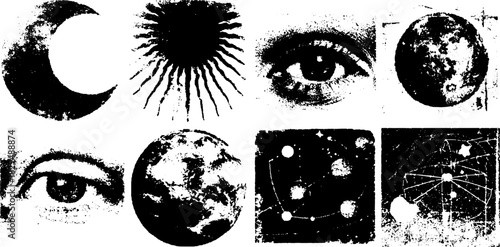 Black and white vintage illustrations of celestial bodies, including moon, eye, sun, and earth. This set features unique vector designs for artistic use.