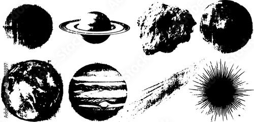 Space illustration featuring various planets like Jupiter and Saturn with asteroids and comets. Vector set of celestial objects in a grunge style.