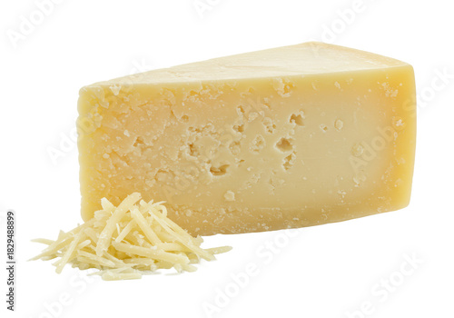 A rectangular block of hard, pale yellow Parmesan-like cheese with salt crystals and natural holes, and a grated pile, on transparent studio background. Concept of gourmet culinary excellence