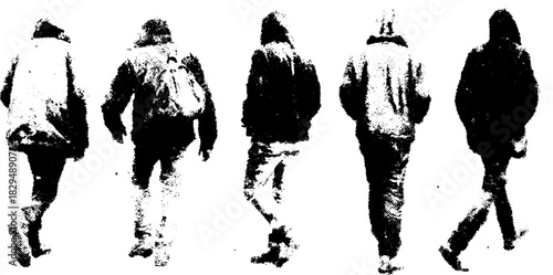 Walking person silhouettes in a monochrome style. Simple vector illustration set depicting movement and casual clothing in an outdoor setting.